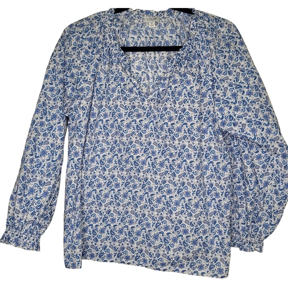 J.CREW M Blue White Floral Ruffle V-Neck Blouse 100% Cotton Long Sleeve